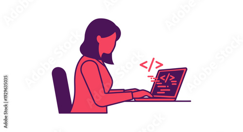 A woman sits at a laptop with coding symbols rising from the screen in a simple graphic illustration.