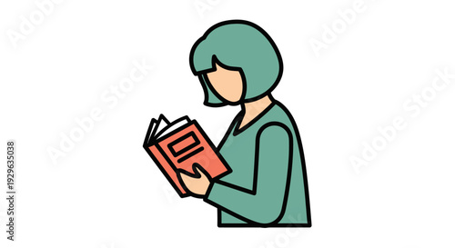 A simple line drawing of a woman reading a book with a green bob and outfit on a white background.