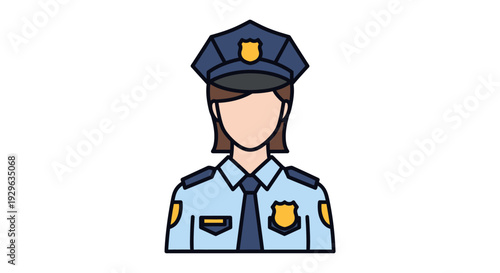 Illustration of a female police officer in a uniform with a blue cap and badge on a white background.