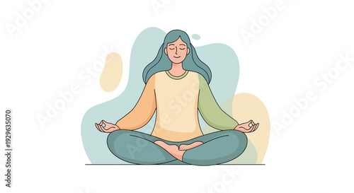 Woman meditating in lotus position with serene expression and calm demeanor, illustration of peaceful yoga practice from a front viewpoint