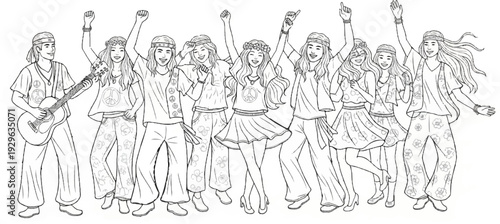 A diverse group of people in bohemian attire are depicted dancing and playing music