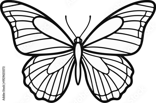 A simple black and white illustration of a butterfly with spread wings and antennae