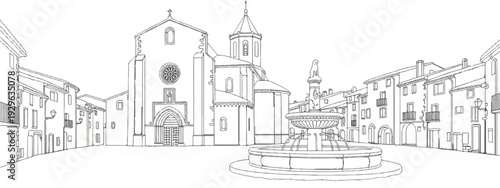 A European town square with a large church and ornate fountain