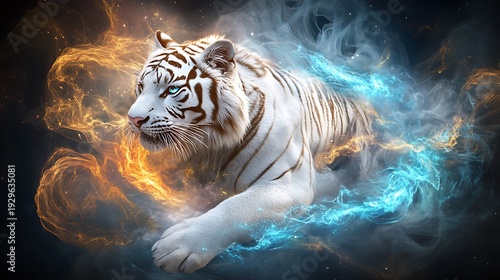 Dynamic white tiger in fiery motion digital art fantasy environment dramatic viewpoint for wildlife enthusiasts
