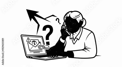 Person on phone looking at laptop with email, link, and question symbols