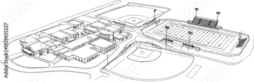 Architectural drawing of a complex with academic buildings and sports facilities