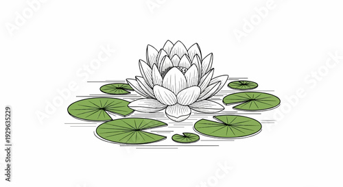 Detailed illustration of a white water lily and green lily pads on a white background