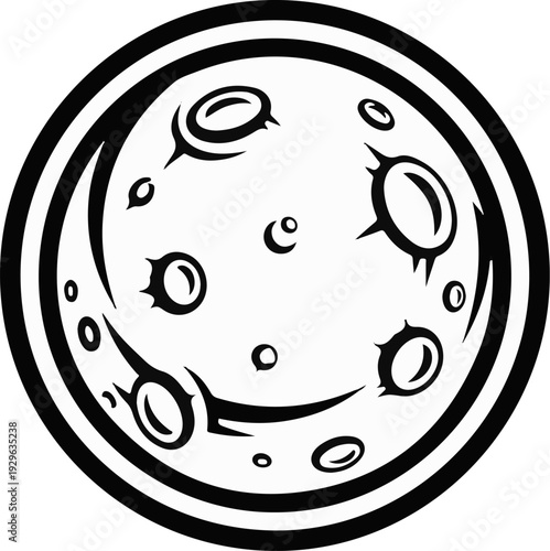 Stylized, black and white illustration of a celestial body with craters