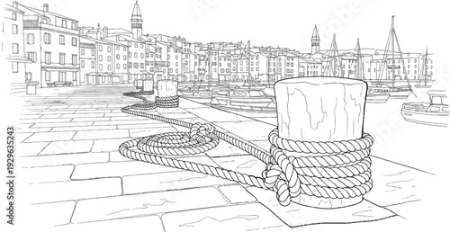 Drawing of a docked boat harbor with buildings and mooring ropes in foreground