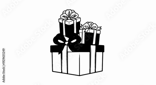 Stacked gift boxes with ribbons and bows, black and white line art