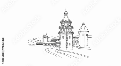 Ornate tower and buildings overlook a winding river with distant hills and a bridge