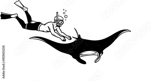 A person in snorkeling gear swims with a large manta ray underwater