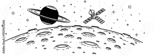 Space scene with Saturn, satellite, and cratered lunar surface under stars