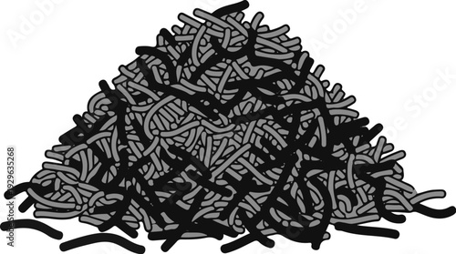 A pile of small, curved, gray and black elements, representing a chaotic organic texture