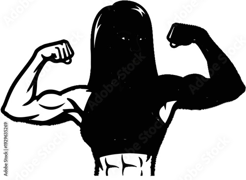 A stylized black and white illustration of a person flexing their biceps