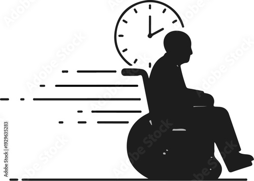 Elderly person in wheelchair moving rapidly with a clock indicating time