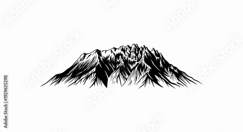 Stylized black and white illustration of a craggy mountain range with sharp peaks