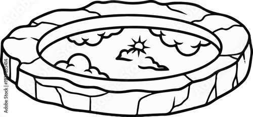 A circular celestial scene with sun and clouds depicted within a cracked, rocky basin
