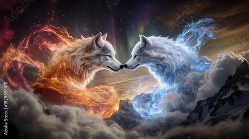 Dynamic interaction of elemental wolves in a mystical landscape digital art fantasy environment close-up view