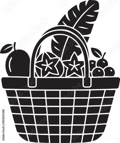 Basket of tropical fruits vector illustration set. exotic fruits in wicker basket isolated on transparent background