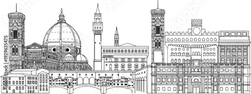 Detailed line drawing of a famous cityscape with a prominent domed cathedral and bridge