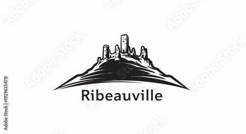 A stylized black and white illustration of a castle ruins atop a hill