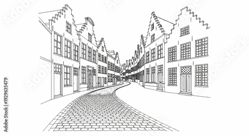 Sketch of a winding cobblestone street lined with old European buildings