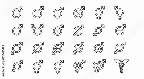 Collection of diverse gender and medical symbols in a clean, line-art style