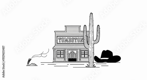 Rustic western building with cactus, cowboy hat, and distant smoke signals