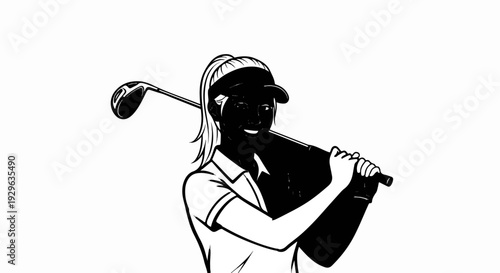 Stylized illustration of a smiling female golfer holding a club over her shoulder