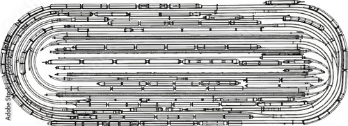 Abstract illustration of many elongated, rounded, and rectangular shapes arranged in parallel, curved rows