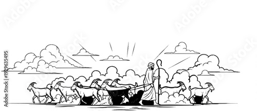 A shepherd guides a flock of goats under a cloudy sky with sun rays