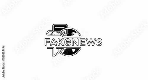 Abstract graphic with text "FAKeNEWS" over a stylized eye and computer