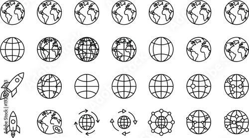 Global Earth Globe Icons Set with Network Connections Rocket Launch and Worldwide Communication Line Vector Collection