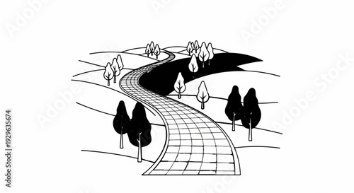 A winding, checkered road passes through rolling hills dotted with trees