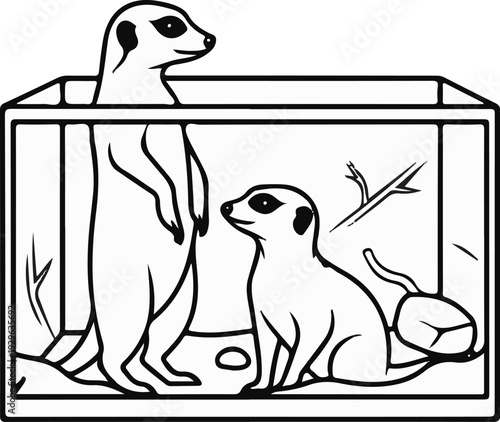 Two meerkats in a glass enclosure, one standing, one sitting