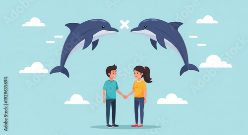 Loving couple holding hands under dolphins and cloudy sky