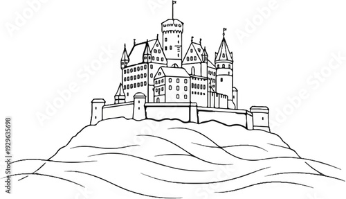 Majestic fortress perched atop a rolling hill, surrounded by a wavy, abstract landscape