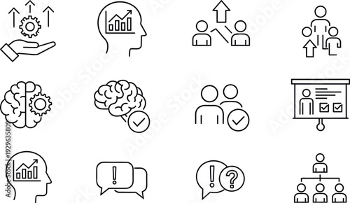 Business Strategy and Human Resource Management Line Icon Set with Growth, Analytics, Team Approval and Training Symbols