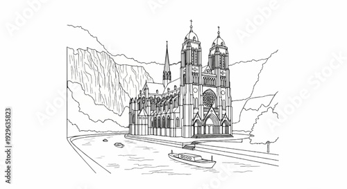 Ornate cathedral with twin towers and spire overlooks a river with a boat