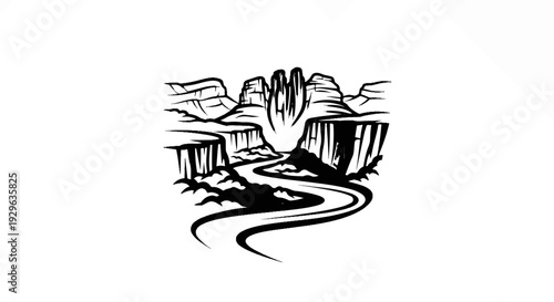 Stylized black and white illustration of a grand canyon with a winding river