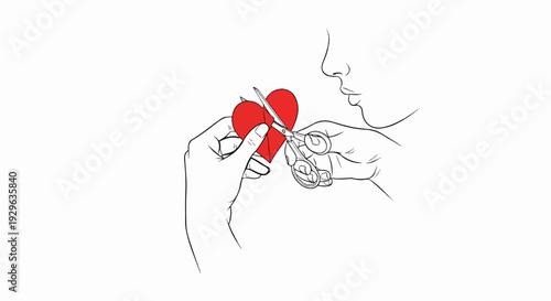 Hand cutting a red heart in half with scissors