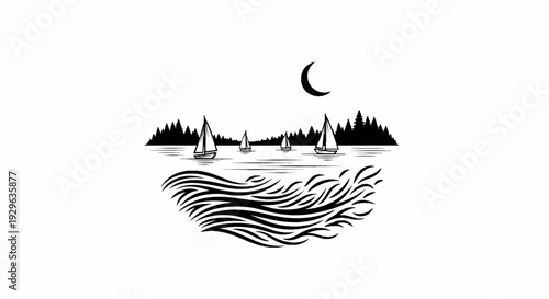 Four sailboats glide across a tranquil lake under a crescent moon