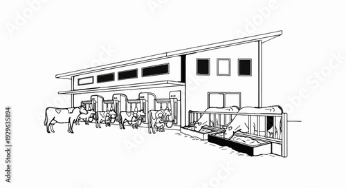 Cows in a modern dairy farm building with milking machines and feeding troughs