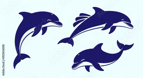 Three navy blue dolphins jumping on light blue background