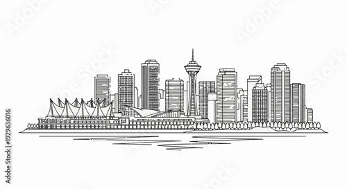 A monochromatic sketch of a city skyline featuring modern skyscrapers and a distinctive needle-like tower