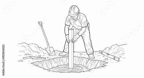 Construction worker installing post in muddy hole with tools nearby