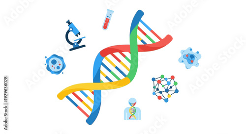 Genetics and DNA Research: Colorful Helix with Science, Biotechnology, and Medical Elements