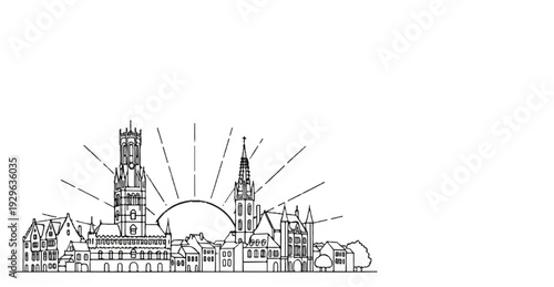 Sketch of historic European town skyline with detailed buildings and sunburst