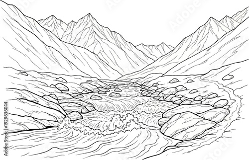 A striking line drawing depicts a rugged mountain valley with a turbulent river